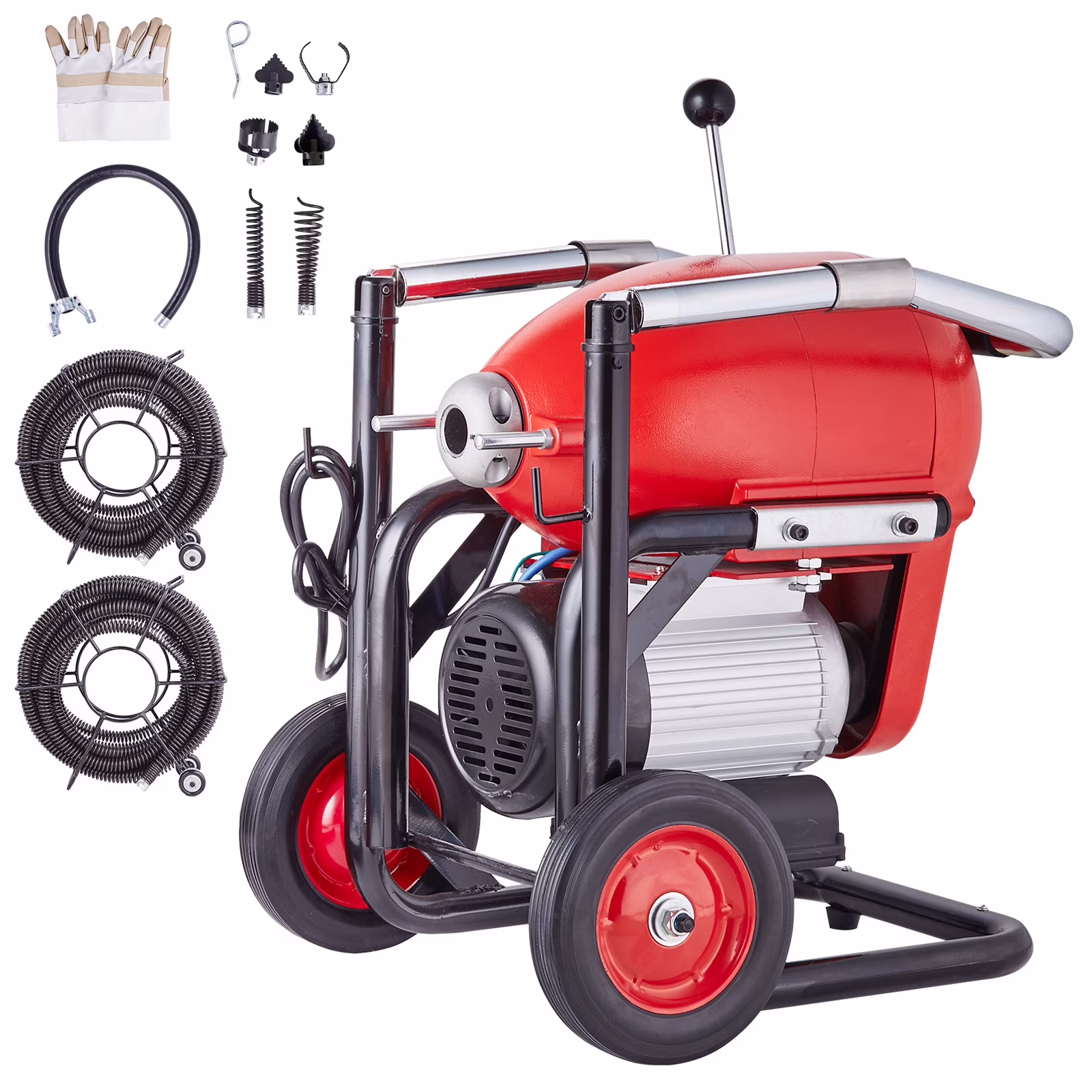 KFFKFF Drain Cleaning Machine, 120FT x 6/5 Inch, 1100W, Manual Operation - Includes 2 Steel Cables, 6 Blades, and Dual-Direction Control for Pipes 4"-8"