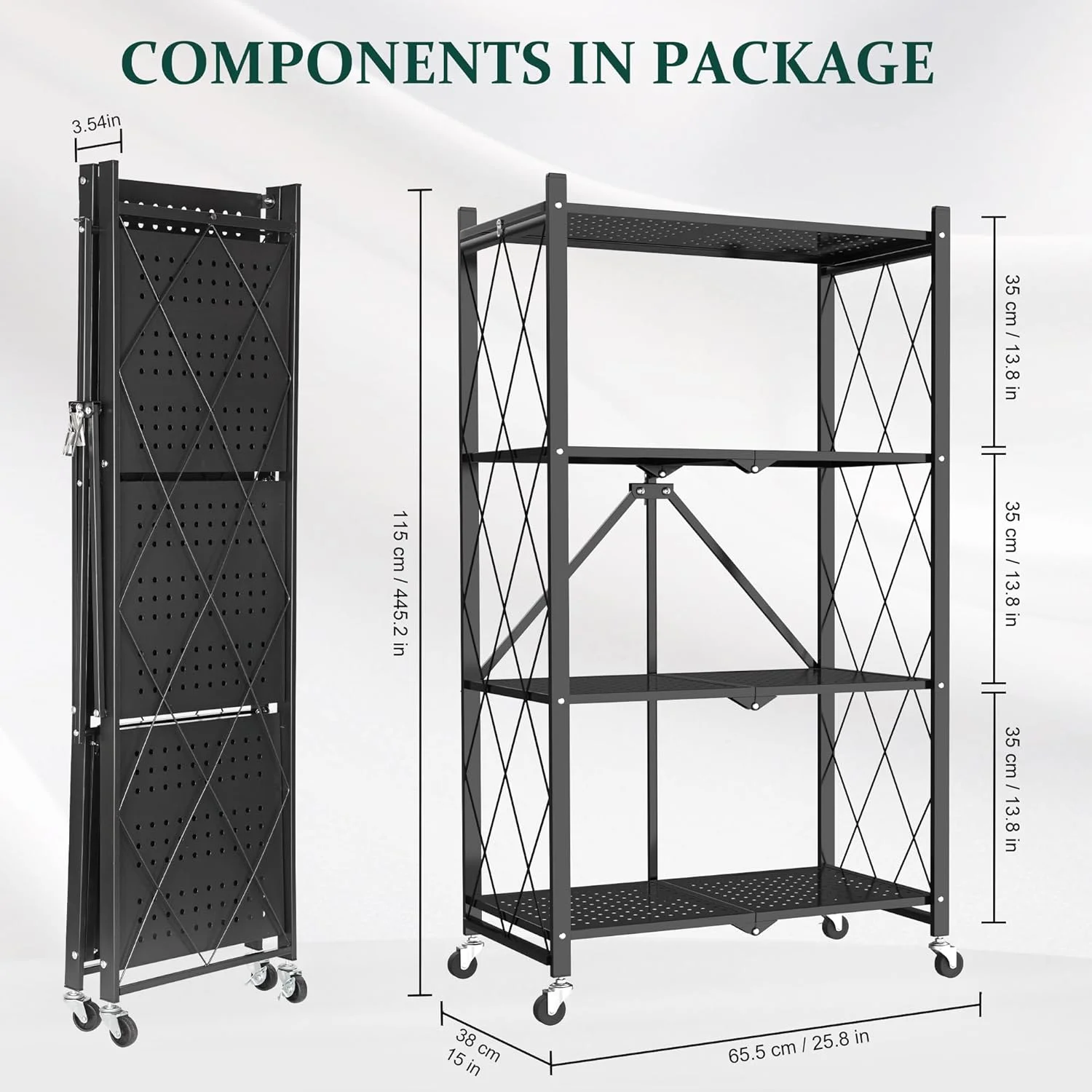 Foldable 4-Tier Storage Shelves with Wheels, No Assembly Bookshelf, Heavy Duty Kitchen Racks and Shelves, Rolling Microwave Cart, Black