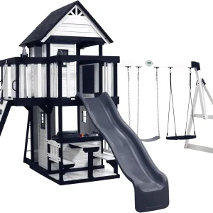 Backyard Discovery Canyon Creek Cedar Wood Swing Set with Wave Slide, Clubhouse, Play Kitchen, Picnic Area, Belt Swings, Web Swing, Rock Wall, Balconies, Playhouse, Step Ladder, Outdoor Playset