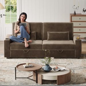 87-Large Loveseat Sofa, 3 Seater Couch with Storage, Velvet Fabric Deep Seat Sofa with Pillow& Cup Holders, Modern Comfy Sofa with USB& Type-C Ports, Home Sofa Couch for Living Room Bedroom