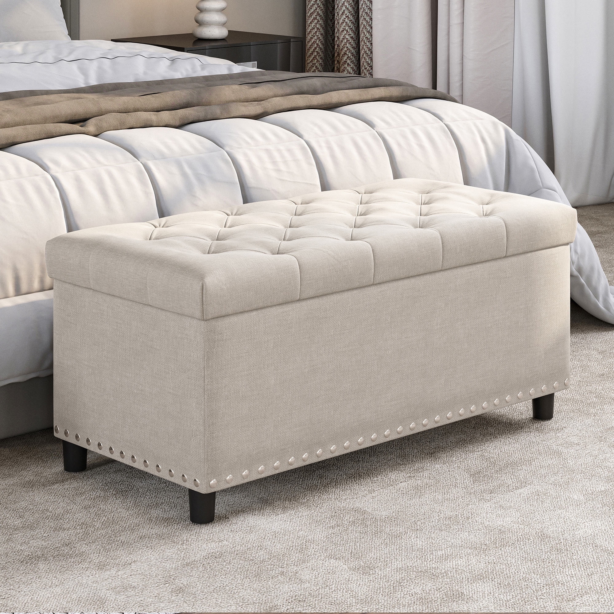 BELLEZE 35 Inch Storage Ottoman, Button-Tufted Ottoman Linen Storage Bench with Safety Close Hinge, Ottoman with Storage for Living Room, Entryway, Hallway, Foot Rest, Support 300lbs - Dark Grey