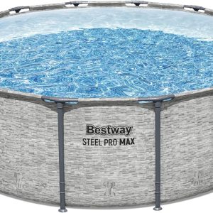 Steel Pro MAX 14 Foot x 48 Inch Round Metal Frame Above Ground Outdoor Swimming Pool Set with 1,000 Filter Pump, Ladder, and Cover, Gray