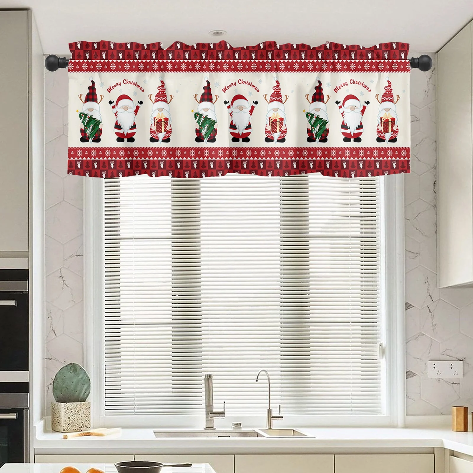 Christmas Window Valance Rod Pocket Panel for Kitchen Bedroom Window Merry Christmas Gnome with Xmas Hat Valances Short Curtain 54"x18"
