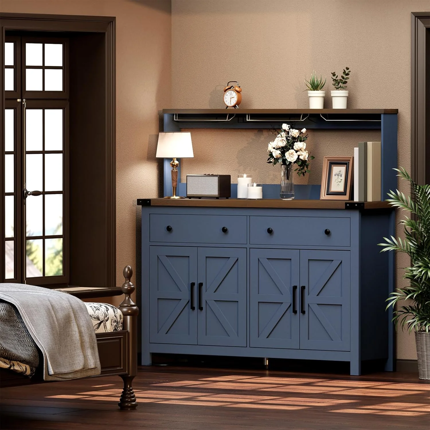Frmobepts Farmhouse Coffee Bar Cabinet, 60" Tall Bar Cabinet with Drawers & Power Outlet, Sideboard Buffet Cabinet with Storage Barn Door for Kitchen, Dining Room