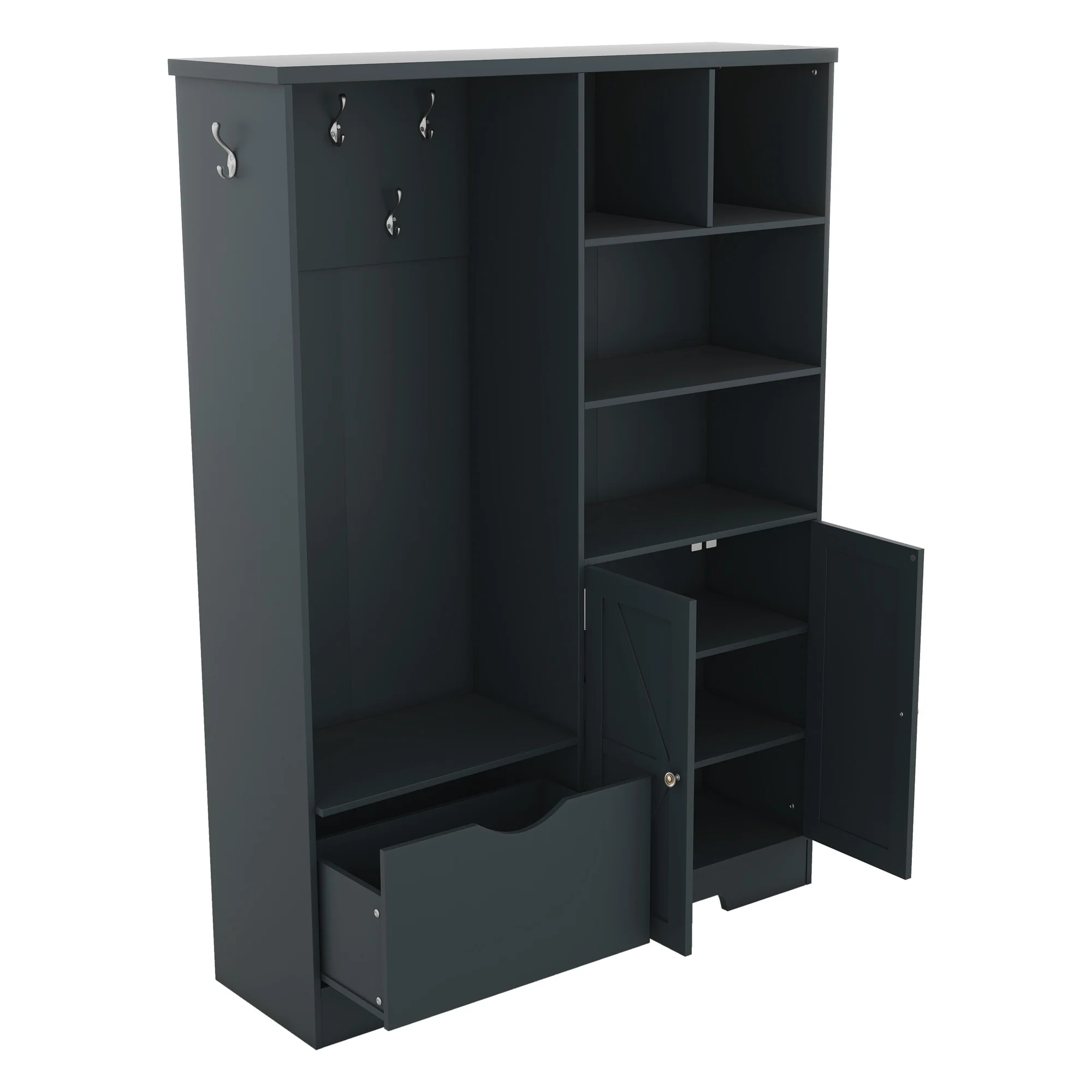 Bellemave 59"W Farmhouse Hall Tree with Storage Shelves and Shoes Rack Multi-functional Coat Rack with Hooks Entryway Shoes Storage Seating Bench Coat Hanger for Hallway (Black, With Shoes Rack)