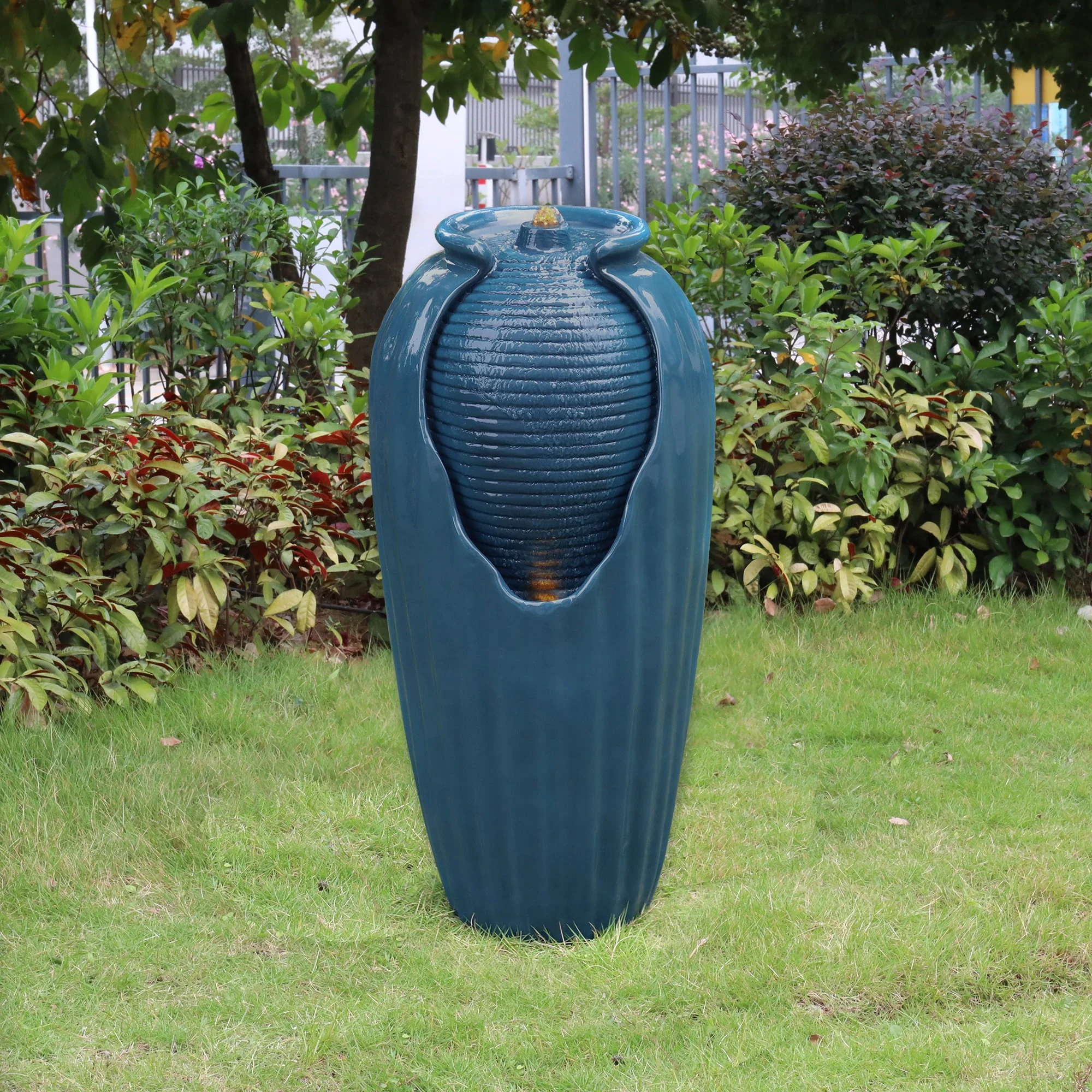 Teamson Home Indoor/Outdoor Glazed Contoured Vase Water Fountain for Backyard with LED Lights, Blue