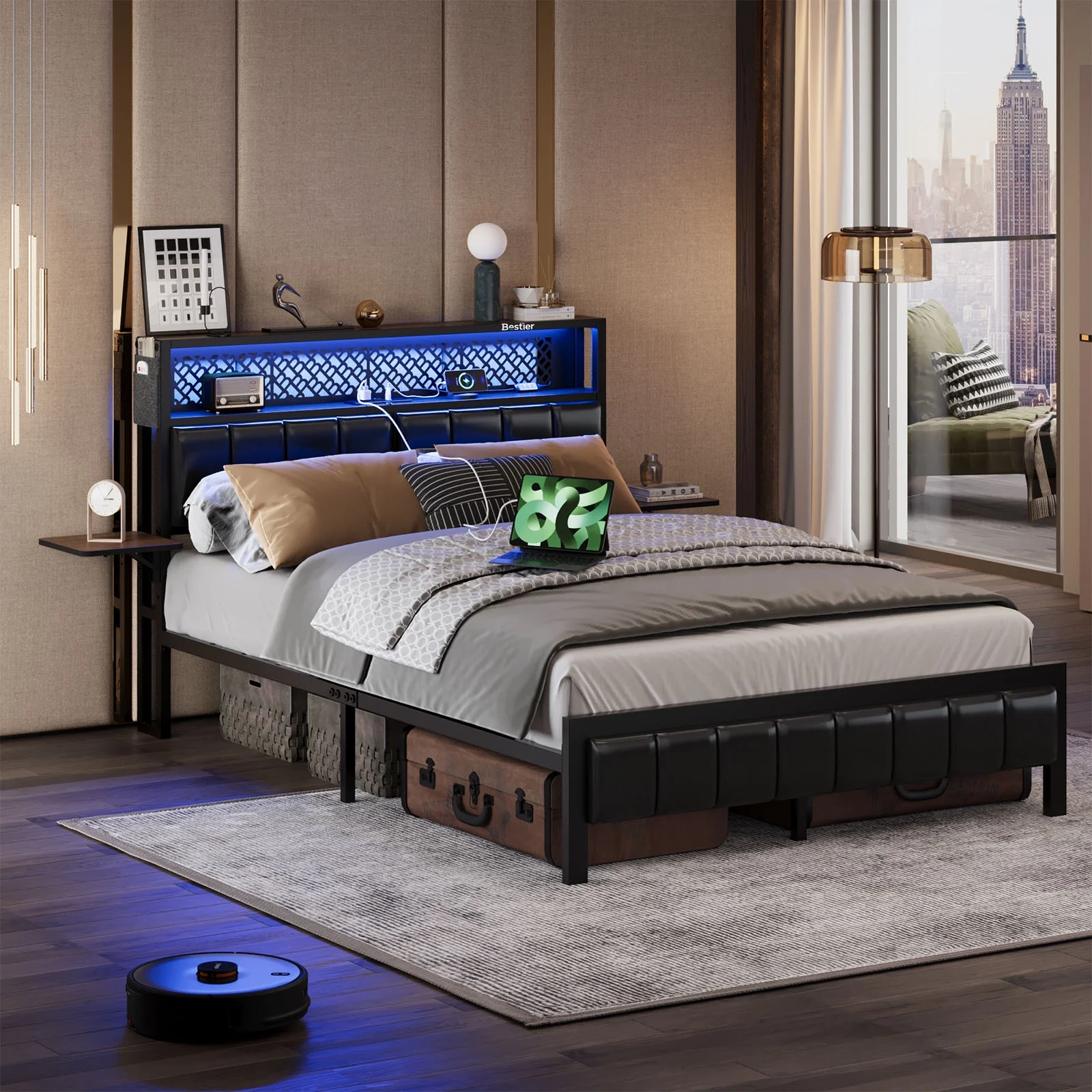 Bestier Queen Size Platform Bed Frame with Wood Foldable Bedside Shelves and LED Storage Headboard Charge Station, Gray