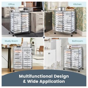 20 Drawers Storage Cart w/Rolling Wheels, Semi-Transparent Mobile Rolling Drawer Cart for School Classroom Office Home Salon, Files Scrapbook Craft Organizer, Utility Cart on Wheels (Clear)