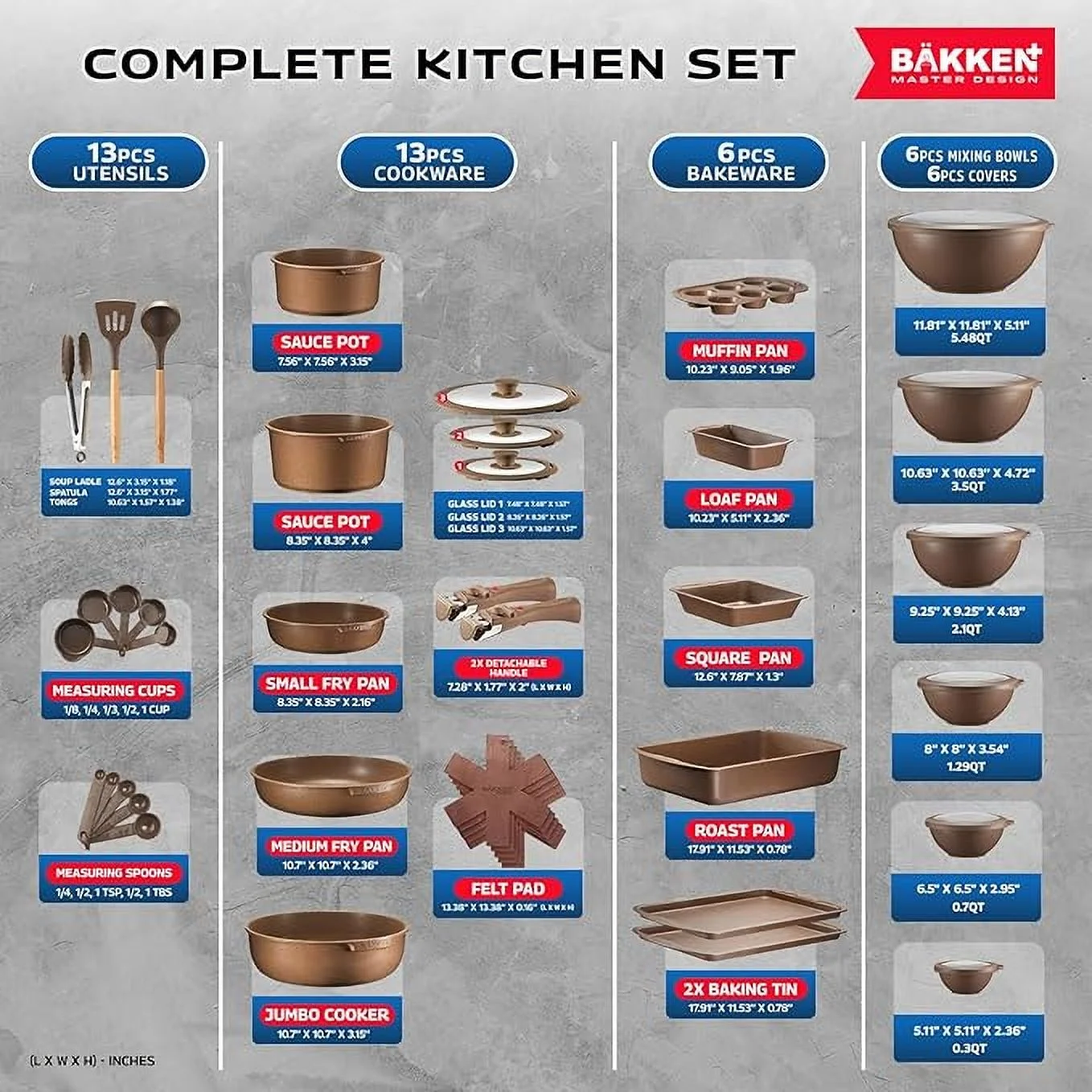 Bakken Master 38 Piece Granite Cookware and Bakeware Set -C Nonstick Granite Coating, Pots and Pans with Detachable Handles and Tempered Glass Lids, 6-piece Bakeware set, 12-piece Mixing Bowls,Brown