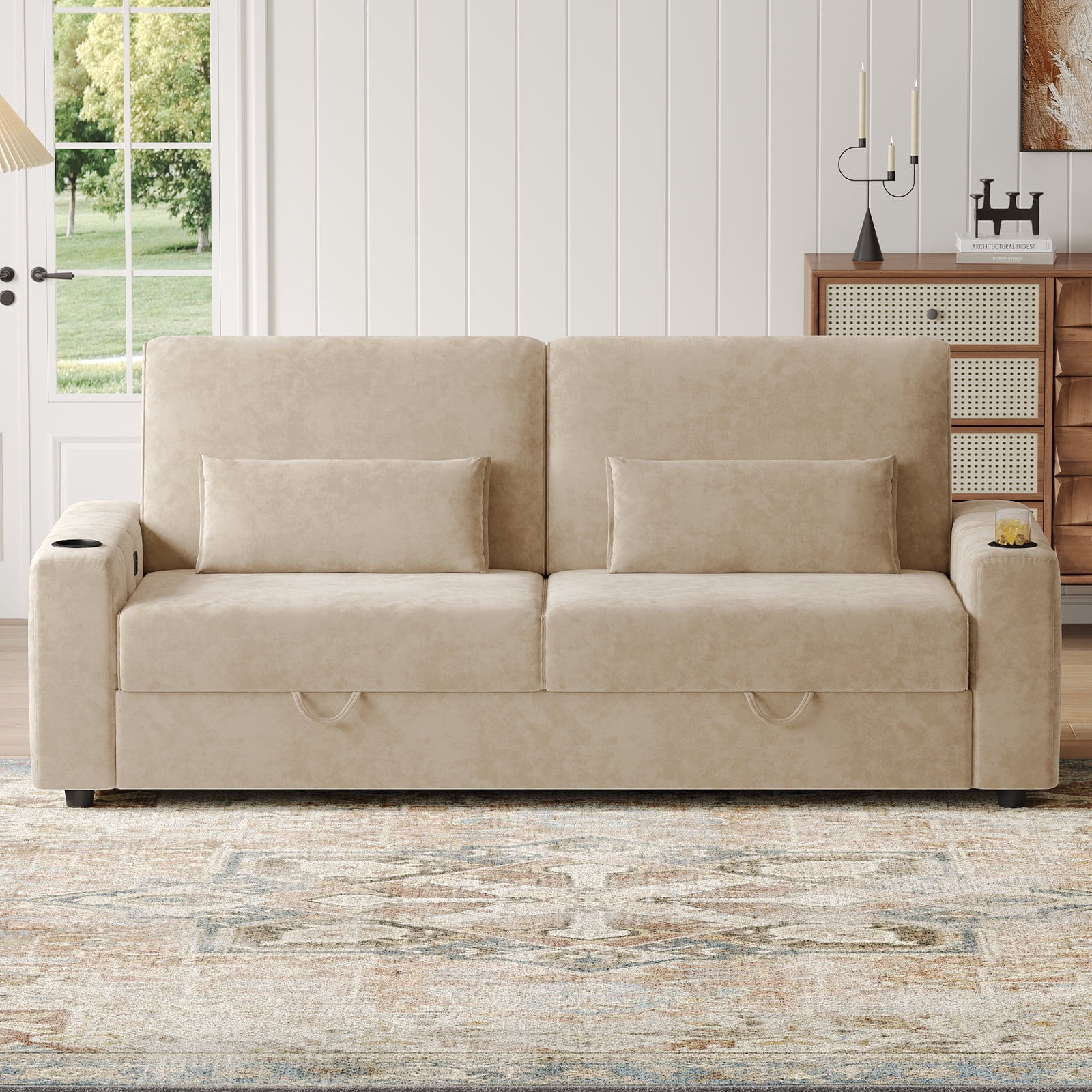 87-Large Loveseat Sofa, 3 Seater Couch with Storage, Velvet Fabric Deep Seat Sofa with Pillow& Cup Holders, Modern Comfy Sofa with USB& Type-C Ports, Home Sofa Couch for Living Room Bedroom