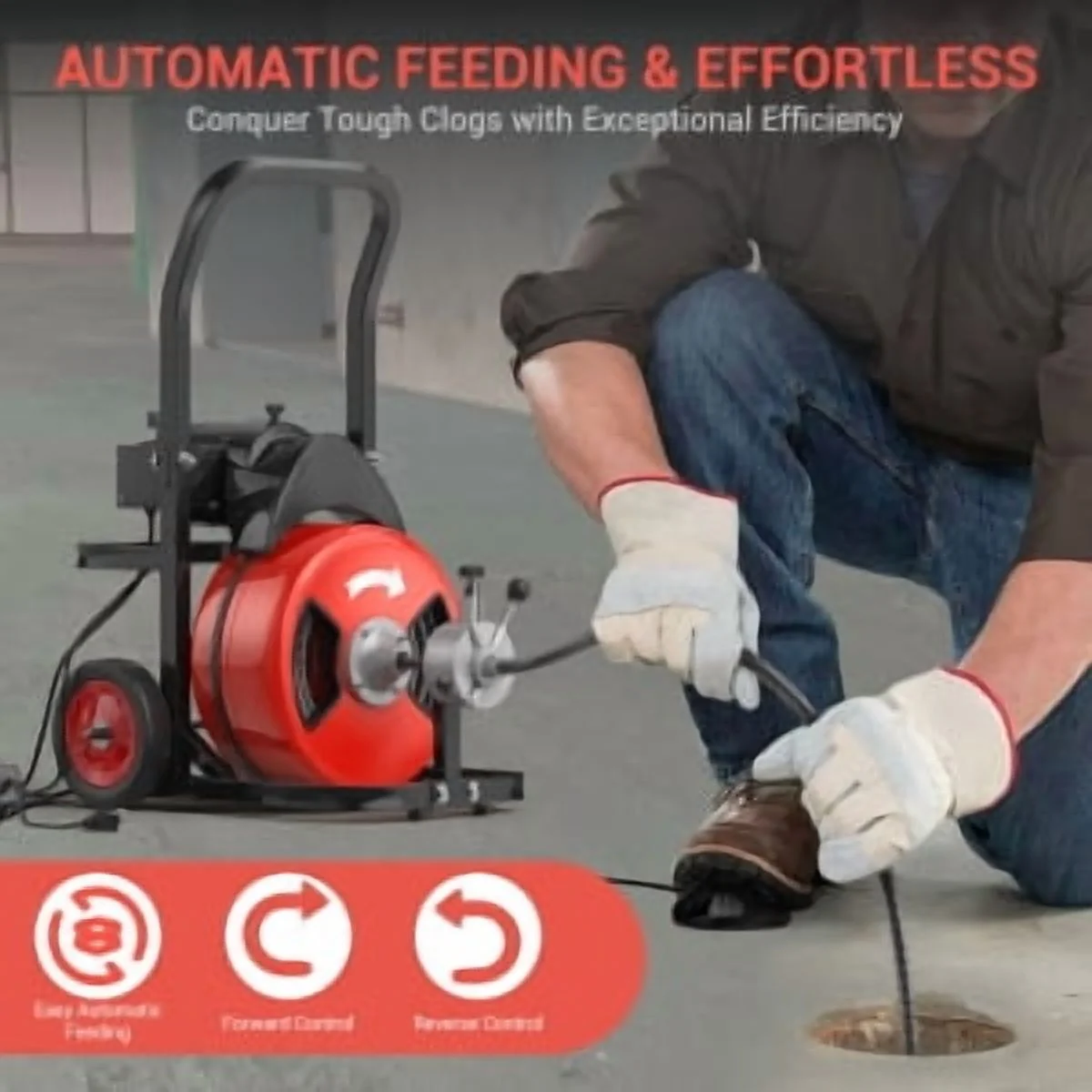 Drain Cleaner Machine 75Ftx1/2Inch,450W Portable Drain Cleaning Machine with 6 Cutters,Gloves,Portable Electric Drain Auger Cleaner for 2" to 4" Pipes