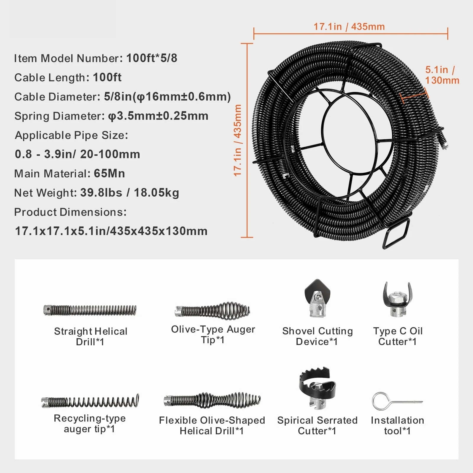 KFFKFF 100FTx5/8In & 7 Cutouts Drain Cleaning Cable for 0.8"-3.9" Pipes