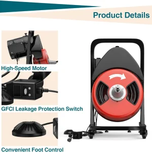 Drain Cleaner Machine 50FTx1/2 Inch,Auto Sewer Snake Auger on Wheels,Portable Drain Cleaning Machine with 4 Cutter & Foot Switch for 2" to 4" Pipes Sewer Sink Toilet Shower