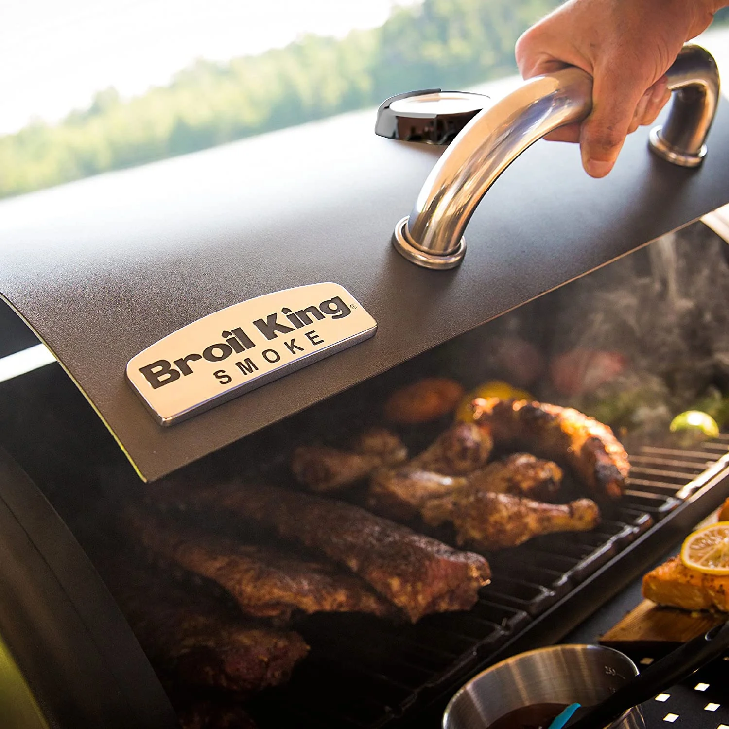 Broil King Offset Charcoal Smoker Grill with Utensil Hooks and Bag Shelf, Black