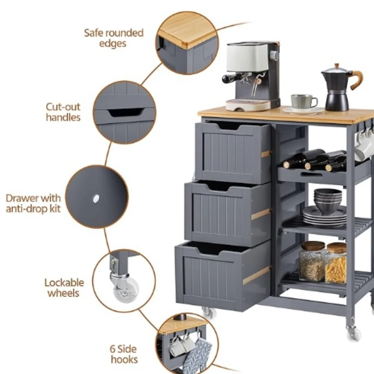 Kitchen Island Cart on Wheels with Storage, Rolling Bar Cart with Solid Wood Top and 3 Drawers, 3 Removable Shelves, Serving Utility Carts for Dining Room/Small Kitchen, Dark Gray ???