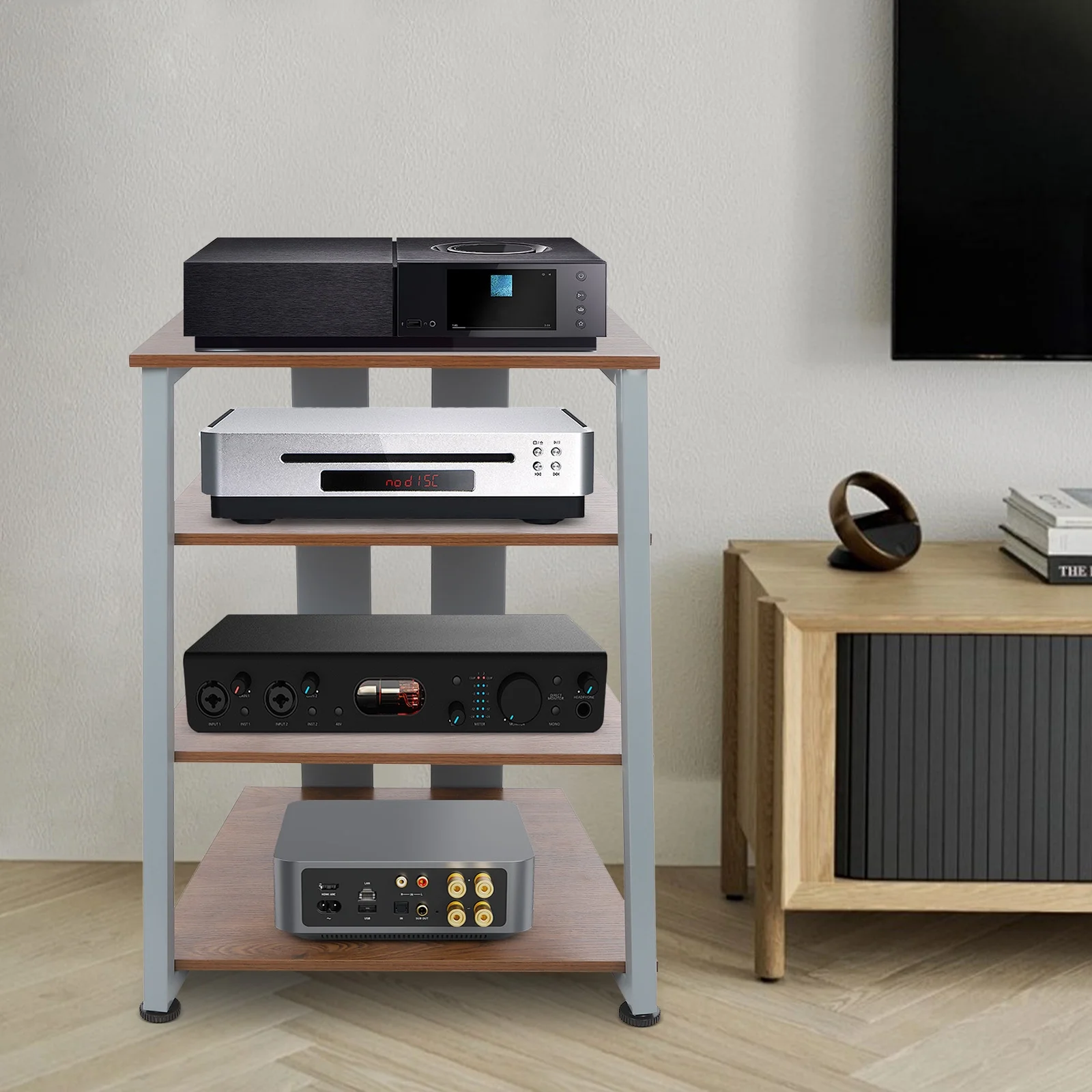 4-Tier AV Media Stand, Multi-Functional Storage Shelf for Organizing and Storing TV Accessories, CD Changers, Receivers, DVD Players, Game Consoles, and Other Media Equipment, Brown and Grey