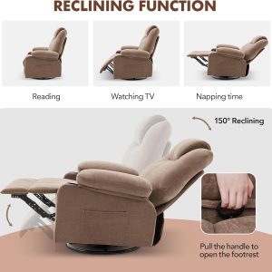 Oversized Swivel Rocker Recliner Chair with Heat and Massage, 360 Degree Swivel Rocking Single Sofa with Cup Holders and USB Port, Large Big Recliner Chair for Living Room (Leather, Brown)
