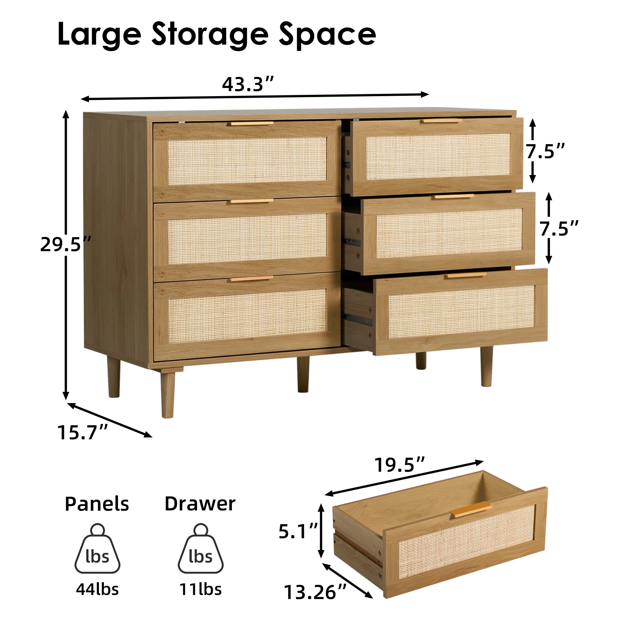 LAZZO 3 Modern Drawer Dresser Rattan, Wooden Dresser Chest of Large Storage Cabinet