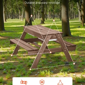 VEVOR Kids Picnic Table with Umbrella, 3-in-1 Sand & Water Table, Outdoor Wooden Table and Bench Set with 2 Trays, 4-People Patio Dining Furniture for Garden, Backyard and Porch (Walnut)