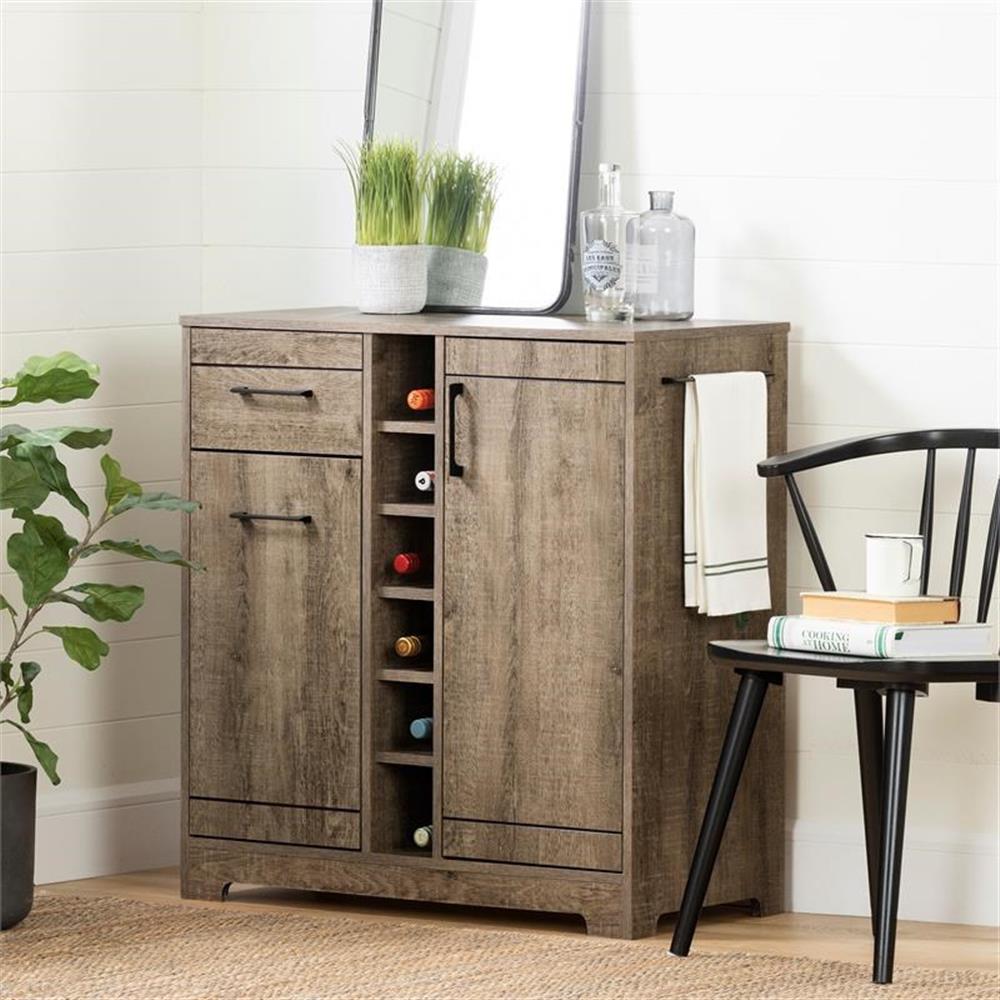 Pemberly Row Bar Cabinet and Bottle Storage in Weathered Oak
