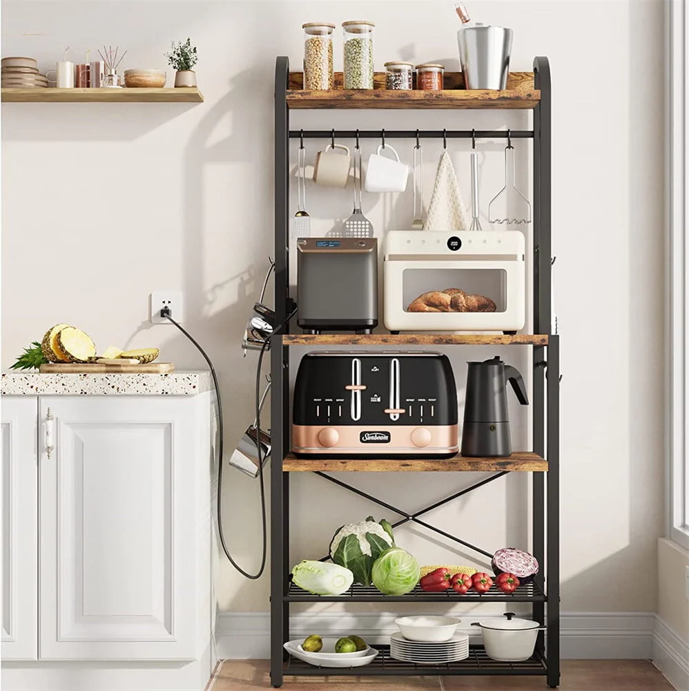 Zzistar Bakers Rack with Power Outlet, Microwave Stand Coffee Bar Table Station with Metal Wire Panel, Kitchen Storage Rack with 8 Hooks