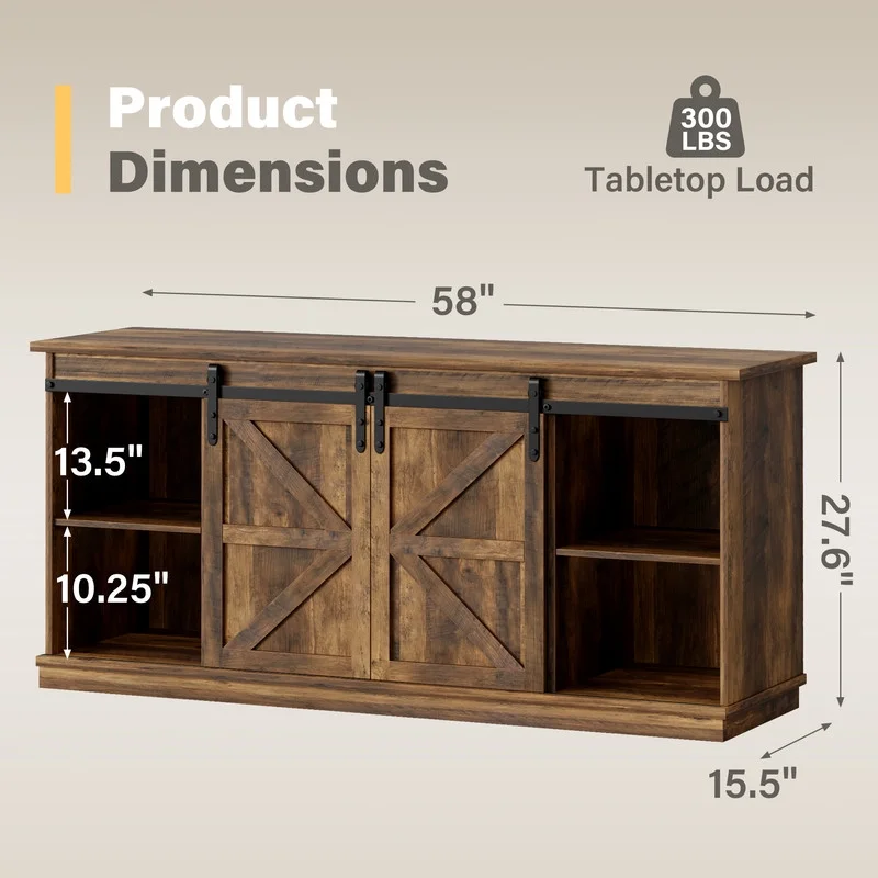 Furmax 65 inch TV Stand Entertainment Center with Sliding Barn Doors and Storage,White