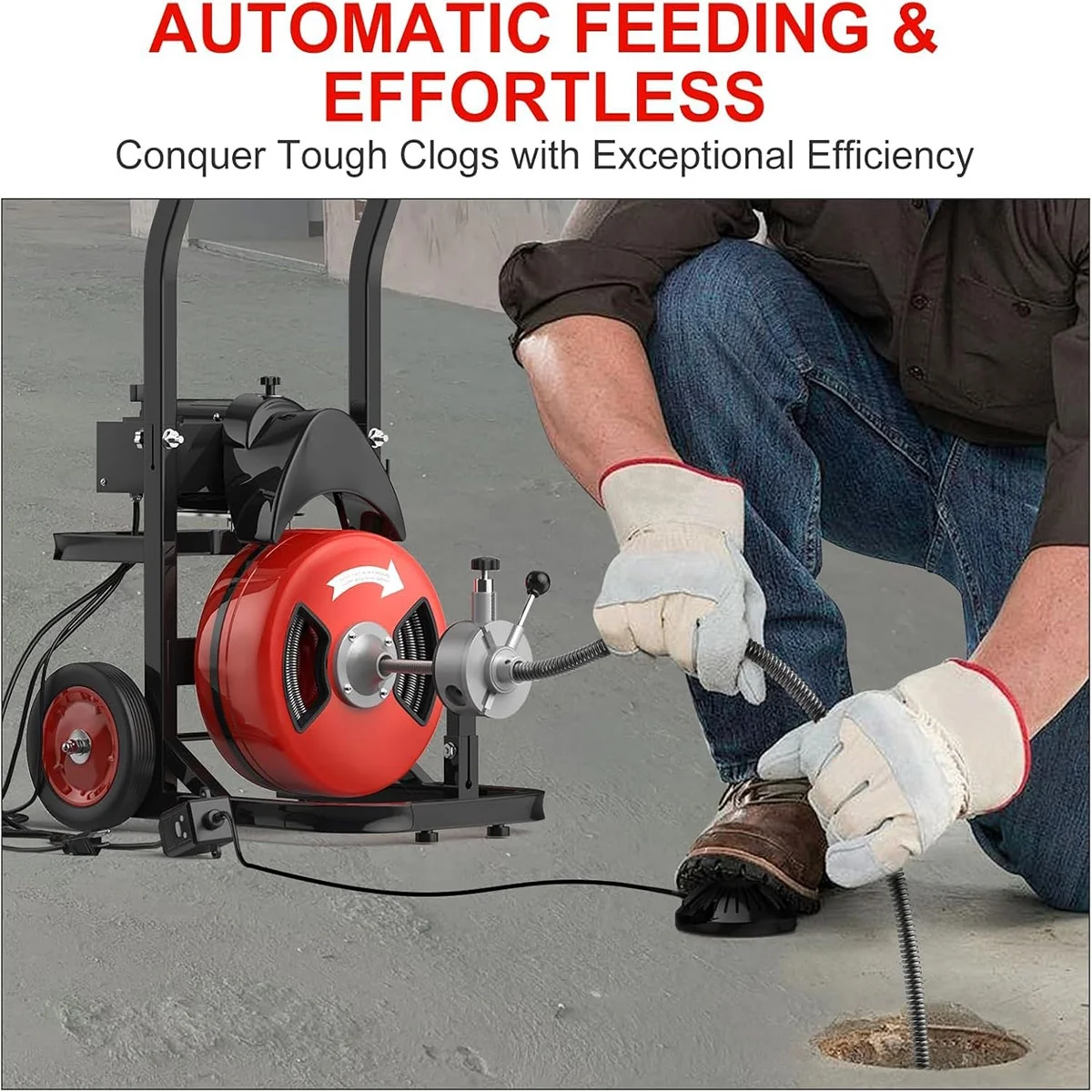 Kselythan 75 FTx1/2 Inch Drain Cleaning Machine, Auto Feed Sewer Snake Drill with Wheels, Pipe Spiral Cleaner with 4 Cutters and Pneumatic Foot Switch, for 2" to 4" Pipes