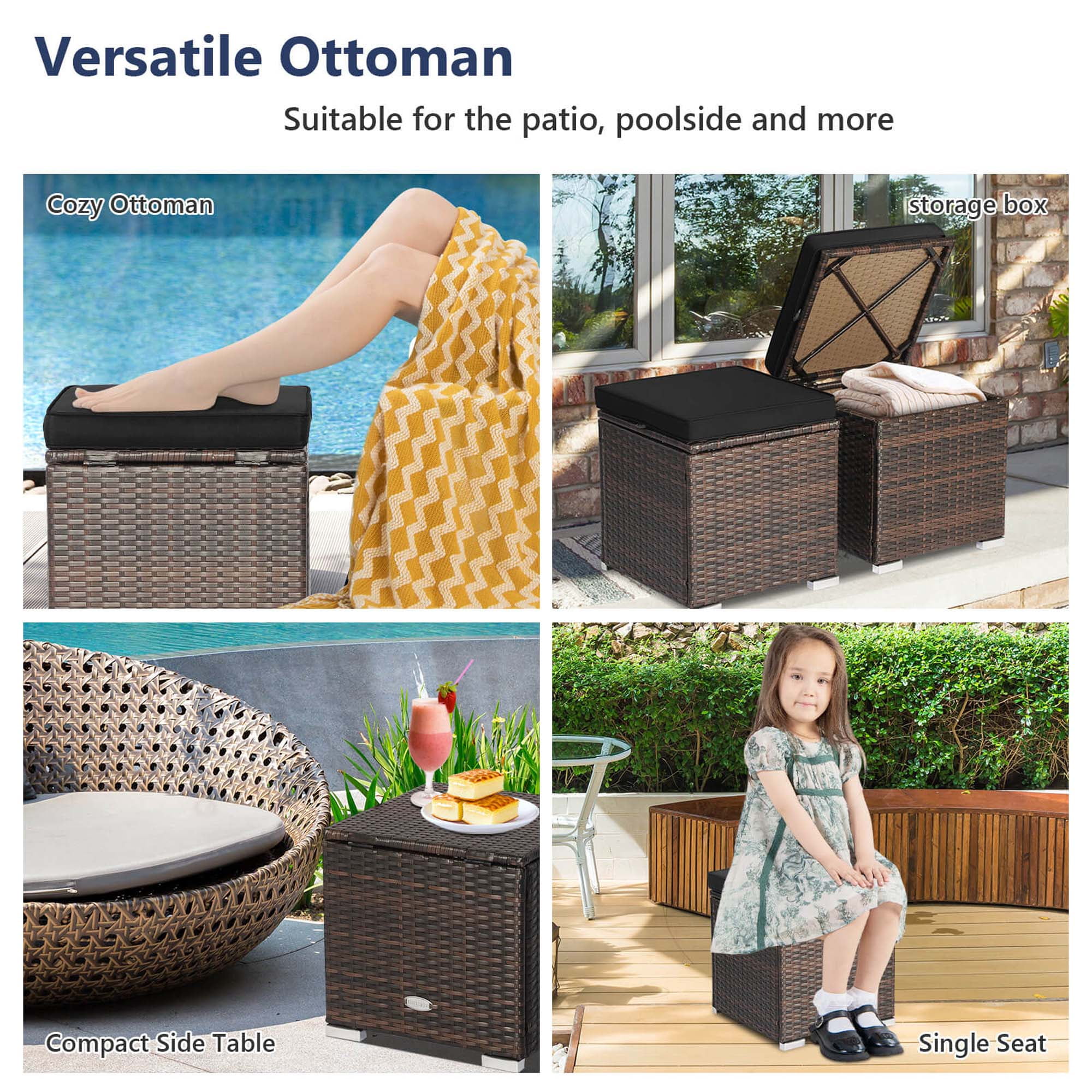 Costway 2PC Patio Rattan Ottoman Seat Side Table Storage Box Footrest Off White