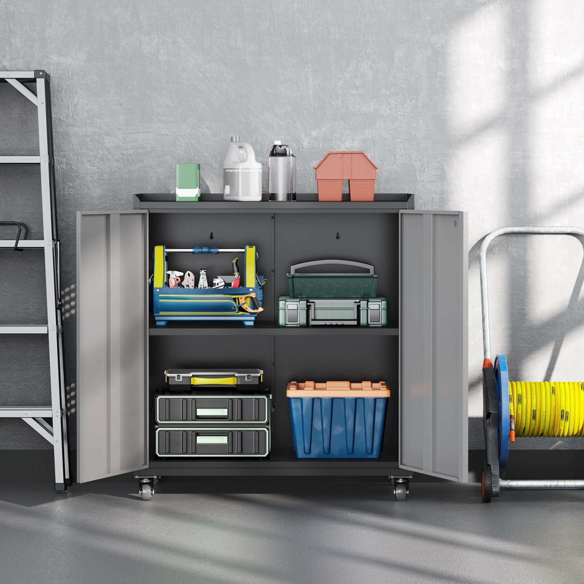Firstsky Metal Garage Storage Cabinet with Wheels, Adjustable Rolling Tool Storage Cabinet with Lock, 34" Steel Locking Tool Cabinet with Doors and Shelves-Black&Gray, 34.3" H-