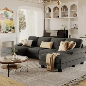 Furmax Sectional Couches for Living Room, U-Shaped Sofa Couch with Linen Fabric, 4 Seat Sofa Set with Double Chaise for Apartment (Fabric, Grey)