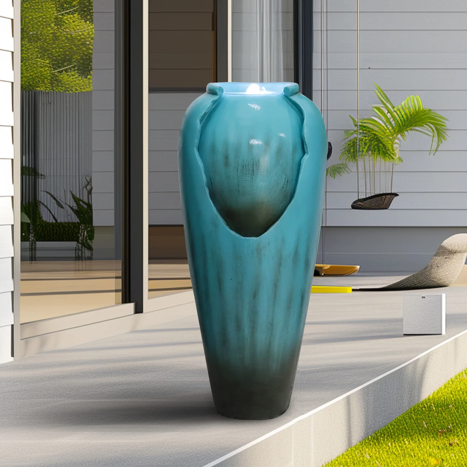 ourrco 30.7"H Concrete Vase Water Fountain, Modern Cascading Waterfall Feature with LED Lighting and Pump, Perfect for Indoor or Outdoor Home and Garden Decor, Red