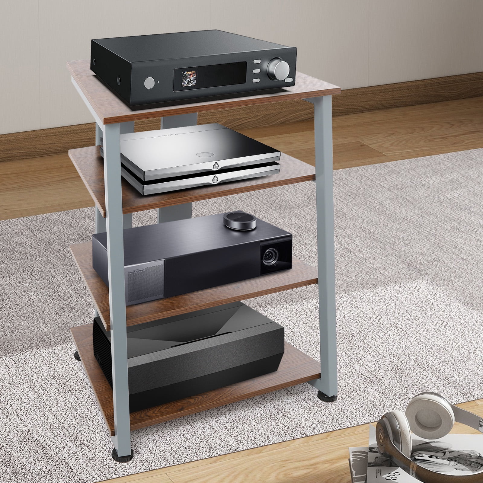 4-Tier AV Media Stand, Multi-Functional Storage Shelf for Organizing and Storing TV Accessories, CD Changers, Receivers, DVD Players, Game Consoles, and Other Media Equipment, Brown and Grey
