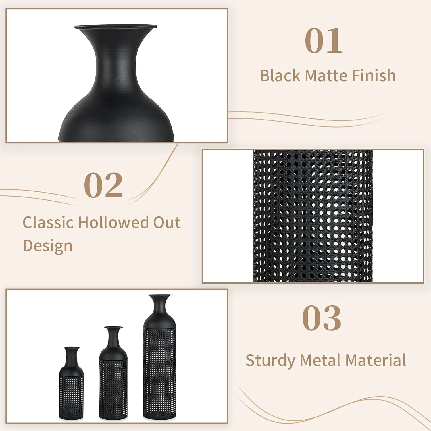 Black Large Floor Vases: Tall Vases Floor Standing for Living Room 27/20/16in - Metal Tall Floor Vase Set of 3 - Modern Oversized Floor Vase for Bedroom Kitchen Fireplace Corner