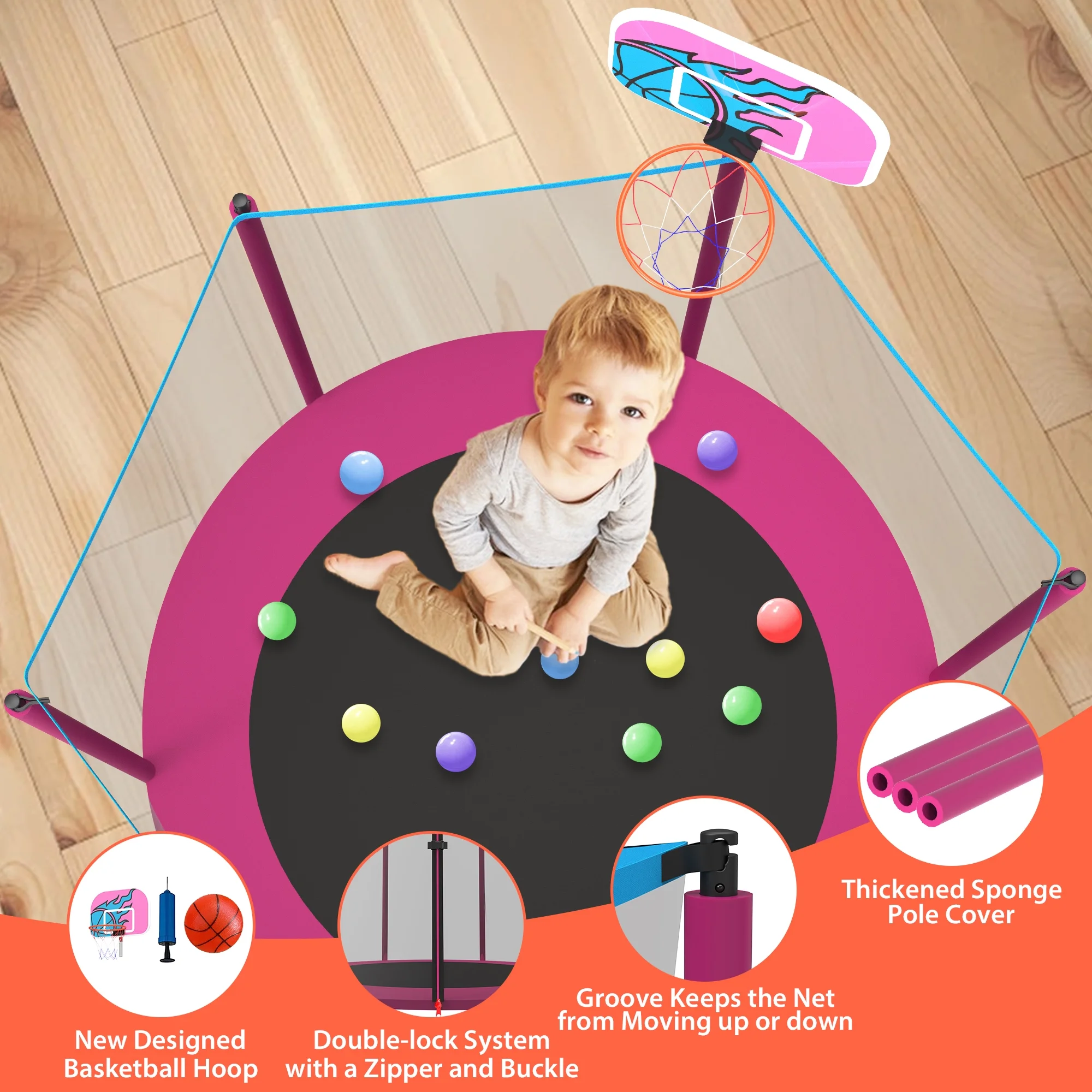 CITYLE Trampoline for Kids, No Gap Design 600LBS 66'' 5.5FT Toddler Trampoline Indoor Outdoor with Basketball Hoop, Mini Small Trampoline with Enclosure, Christmas Gifts for Toddlers, Boys & Girls