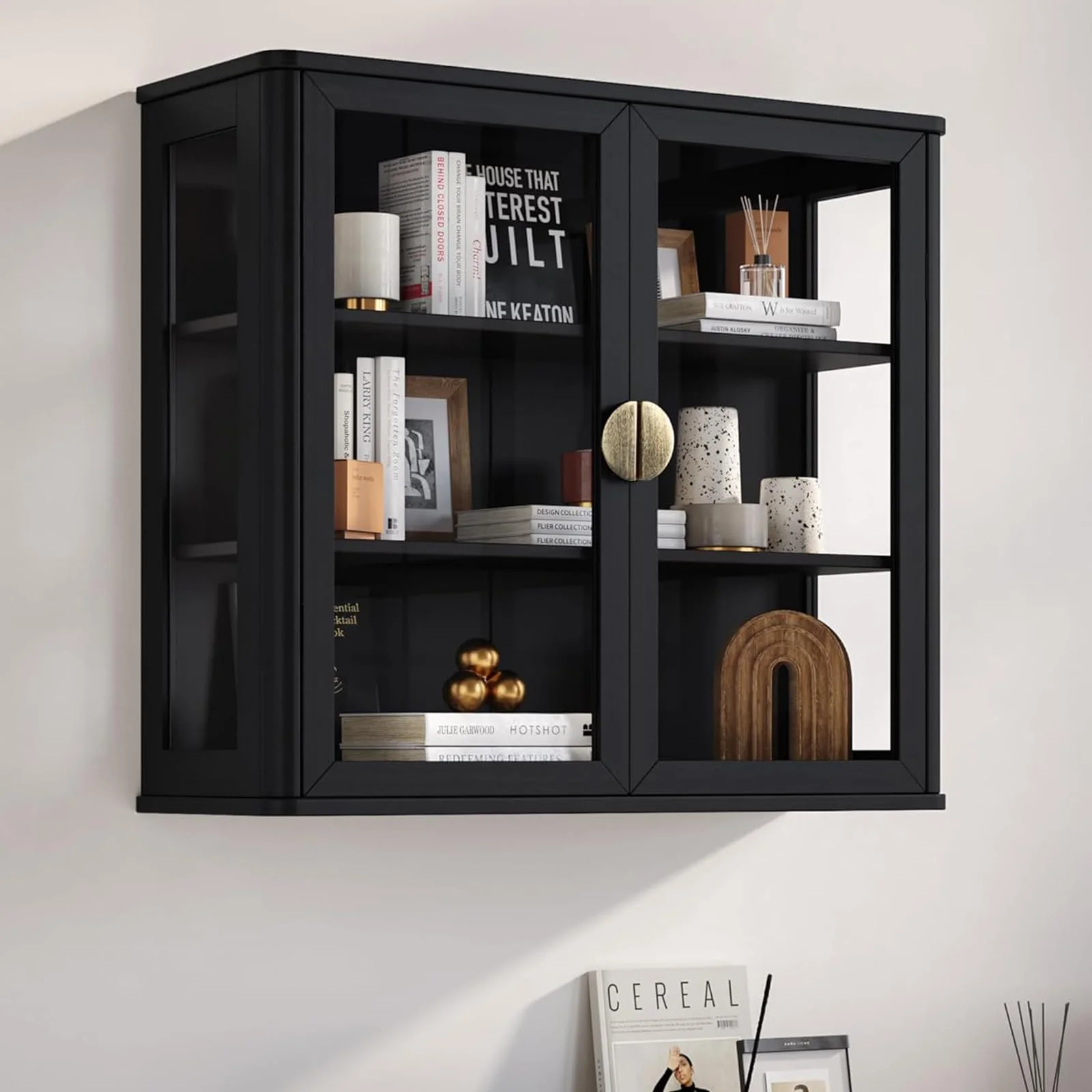 POLIHOME Display Wall Cabinet with Tempered Glass Doors-Storage Cabinet with Adjustable Shelves