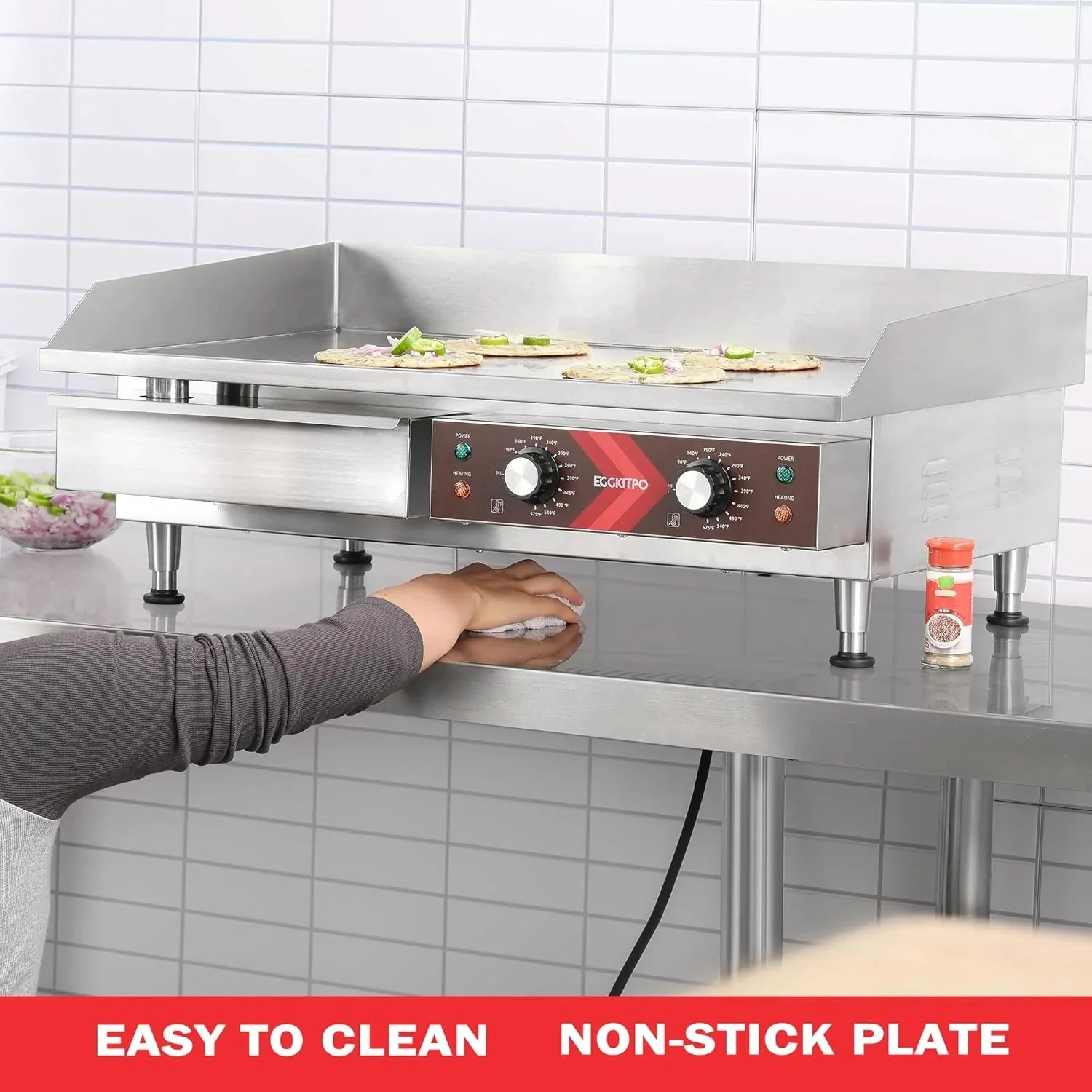 14 Inch Electric Griddle, Non-Stick Flat Top Grill Commercial Electric Countertop Griddles Stainless Steel Adjustable Temperature Control 90F-575F for Home or Restaurant Use