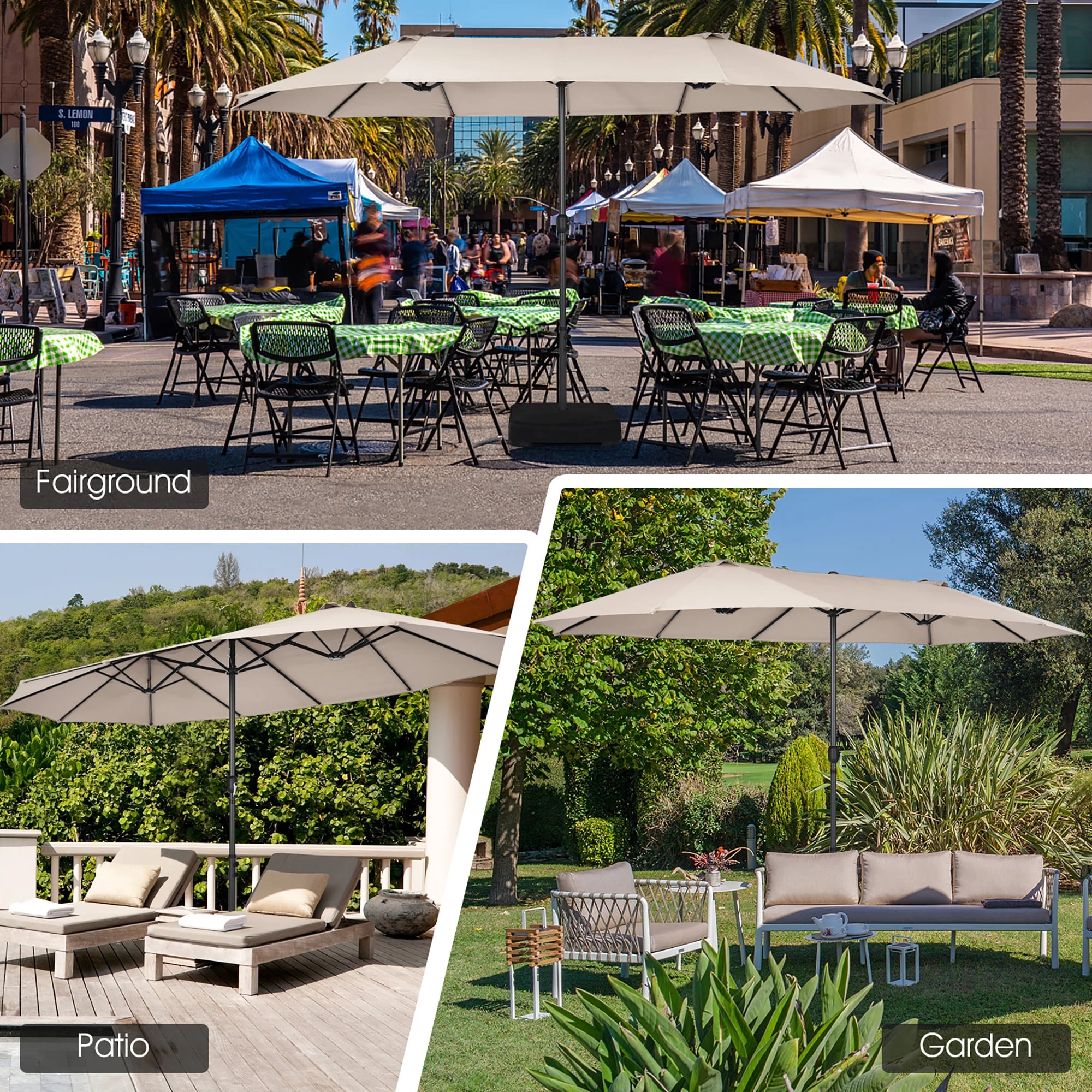 Costway 15ft Beige Patio Double-Sided Umbrella, Crank Lift