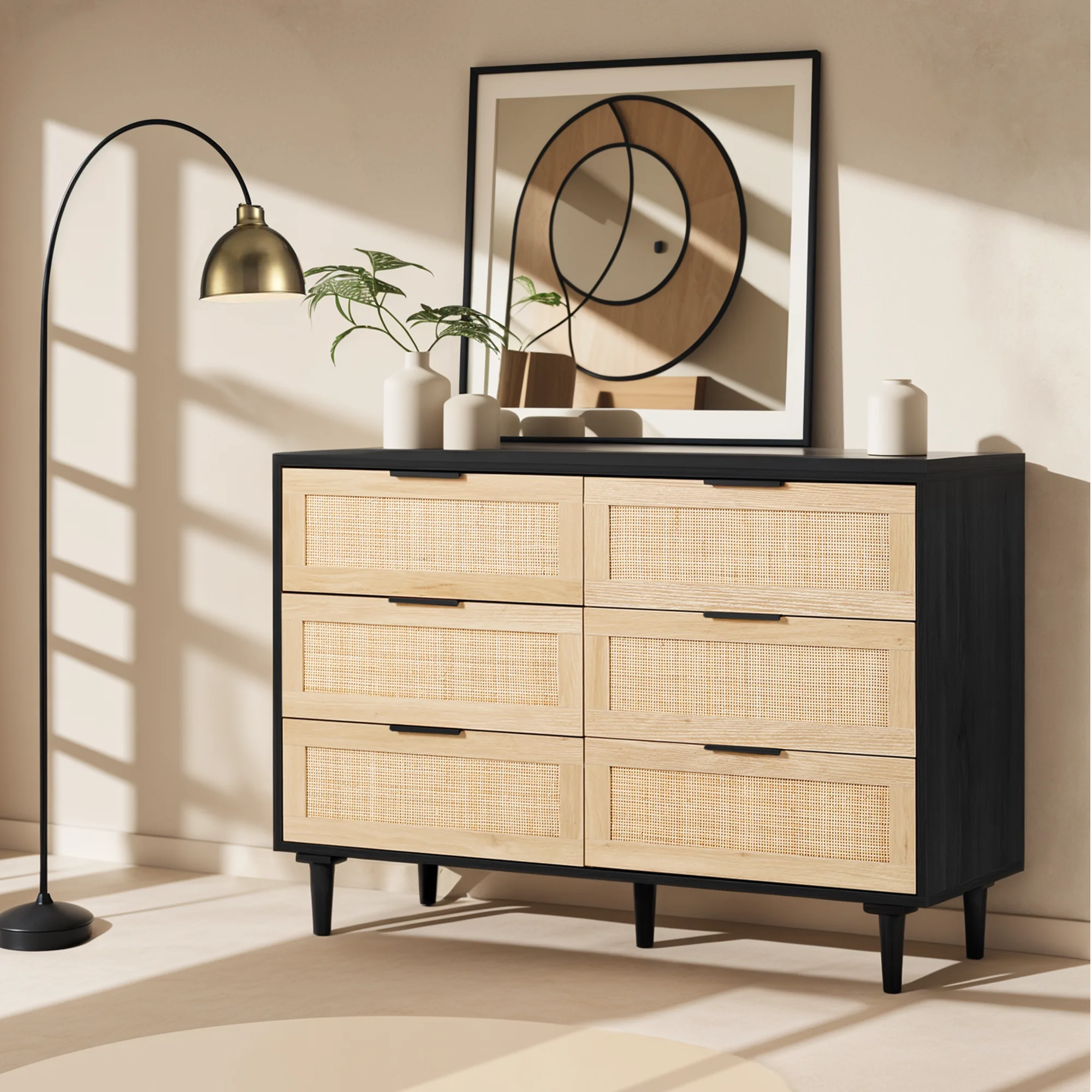 LAZZO 3 Modern Drawer Dresser Rattan, Wooden Dresser Chest of Large Storage Cabinet