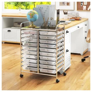 20 Drawers Storage Cart w/Rolling Wheels, Semi-Transparent Mobile Rolling Drawer Cart for School Classroom Office Home Salon, Files Scrapbook Craft Organizer, Utility Cart on Wheels (Clear)