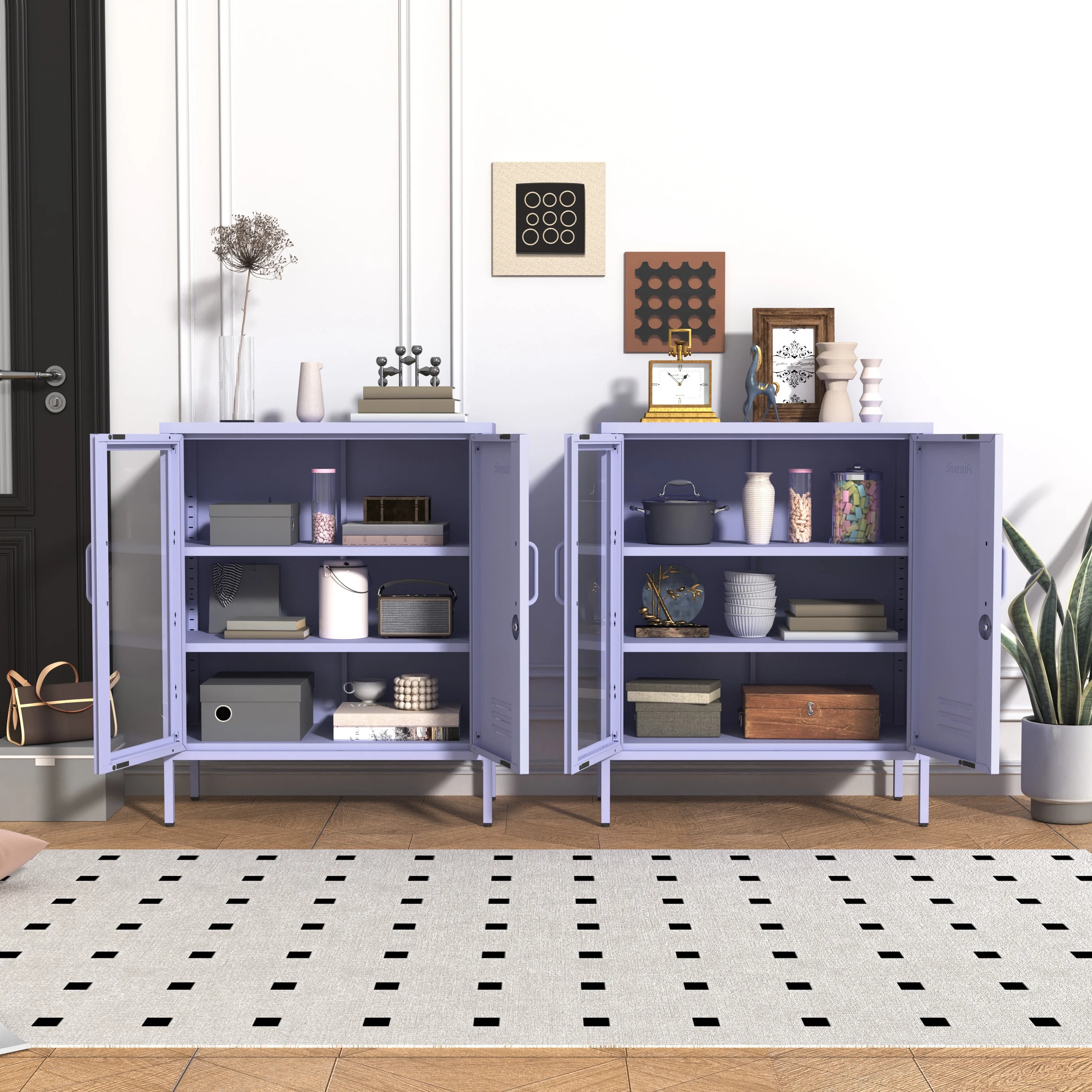 33 Inch Glass And Metal Storage Cabinet Adjustable Shelves 2 Door Lockable Lockers 3 Layer Multipurpose Lockers Laundry Room Or Utility Room Cabinet Home Purple Size- 33"H X 29.5"W X 13.8"D