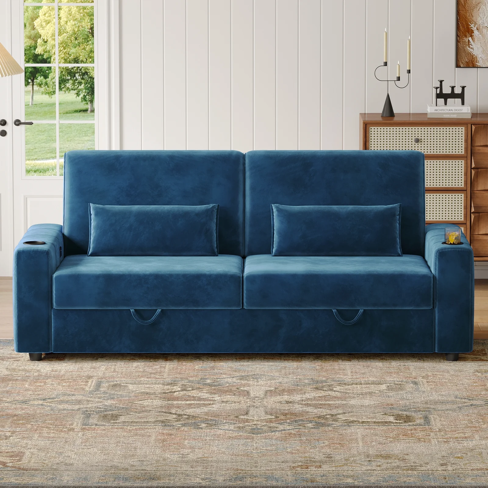 87-Large Loveseat Sofa, 3 Seater Couch with Storage, Velvet Fabric Deep Seat Sofa with Pillow& Cup Holders, Modern Comfy Sofa with USB& Type-C Ports, Home Sofa Couch for Living Room Bedroom