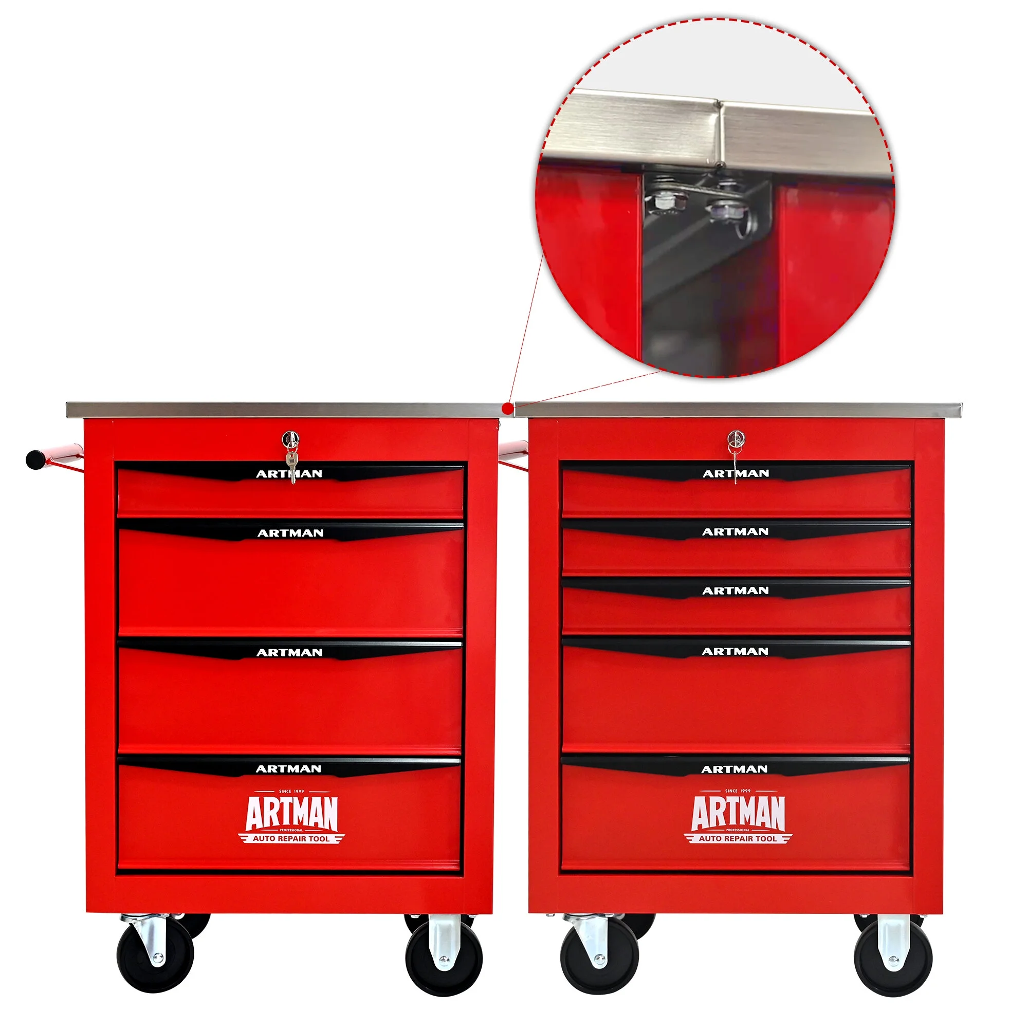 Tool Cabinets 4 Drawers Multifunctional Tool Cart with Wheels,Metal Rolling Tool Cart Storage for Garage Workshop Warehouse Repair Shop--With Stainless Steel Roof- Red&Black,Garage Tool Cabinets