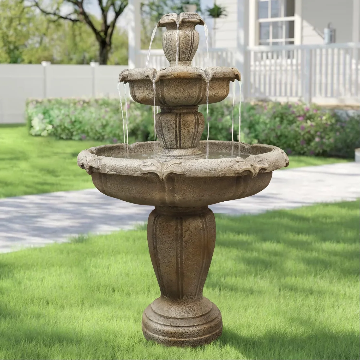 48-?H Outdoor Floor Water Fountain, 3-Tiers Concrete Water Fountain with Submersible Electric Pump - Garden Cascading Waterfall for Yard Patio Lawn Home Decor