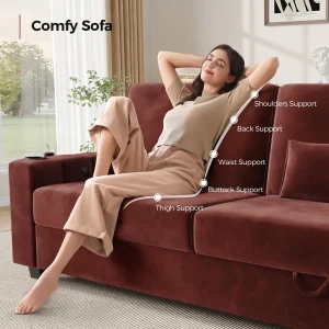 87-Large Loveseat Sofa, 3 Seater Couch with Storage, Velvet Fabric Deep Seat Sofa with Pillow& Cup Holders, Modern Comfy Sofa with USB& Type-C Ports, Home Sofa Couch for Living Room Bedroom