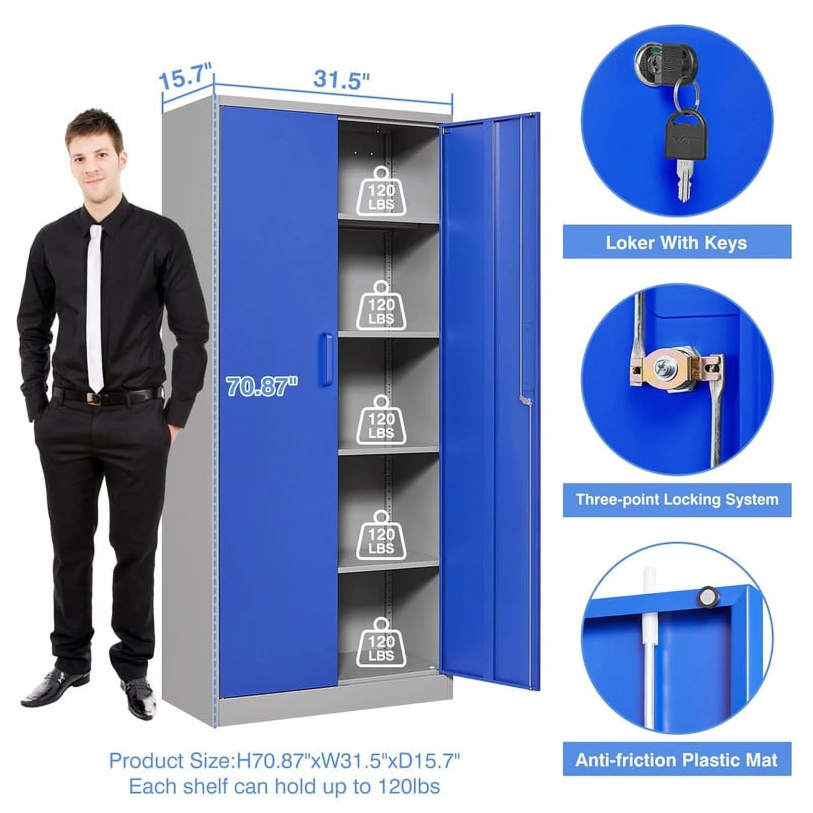 Fesbos Metal Garage Storage Cabinet with 2 Doors and 4 Adjustable Shelves - 71" Steel Lockable File Cabinet,Locking Tool Cabinet for Office,Home,Garage,Gym (Blue)