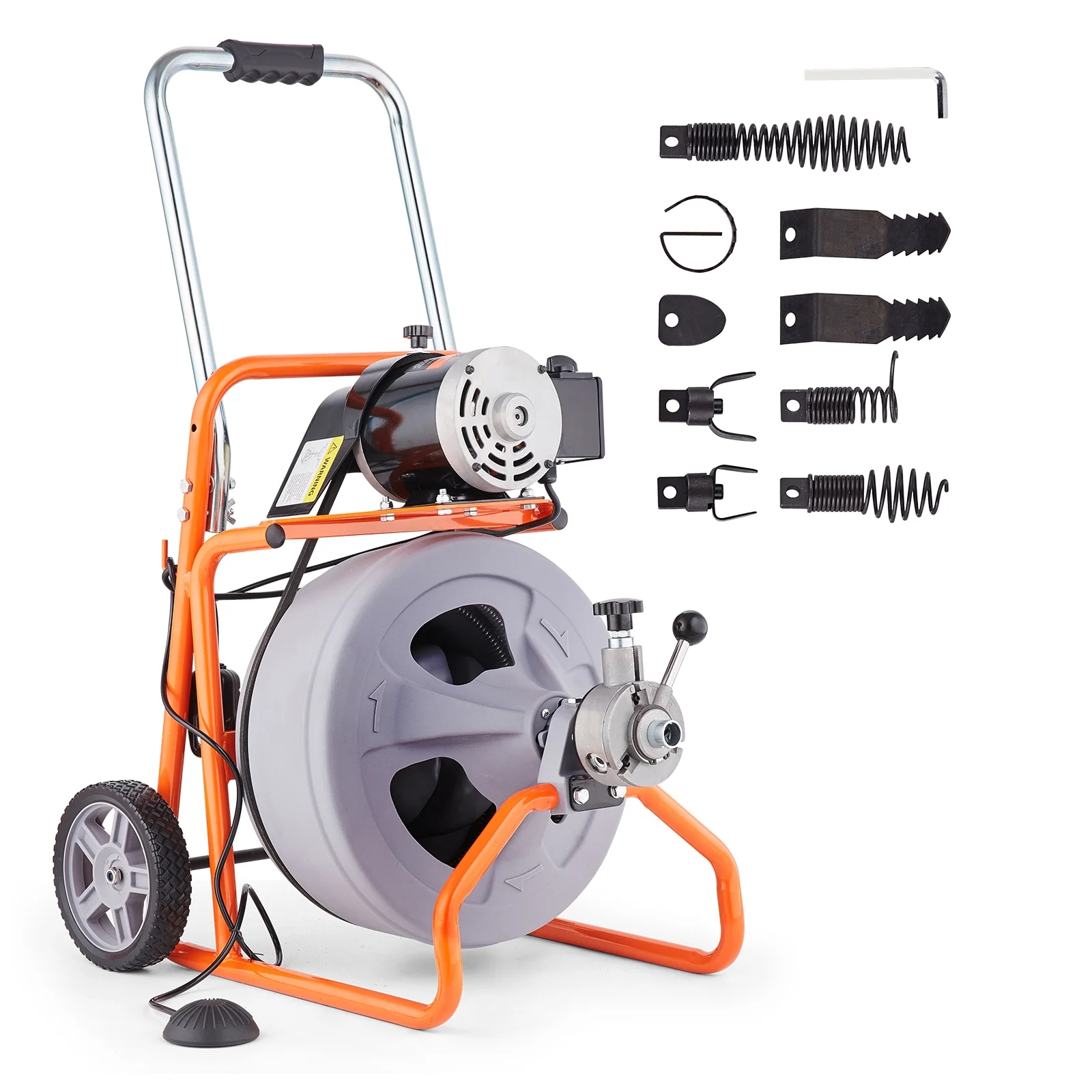 KFFKFF Drain Cleaning Machine, 100FT x 1/2 Inch, Self-feeding, Mobile Drain Auger with 8 Blades & Pneumatic Foot Pedal, Ideal for 2"-4" Pipes