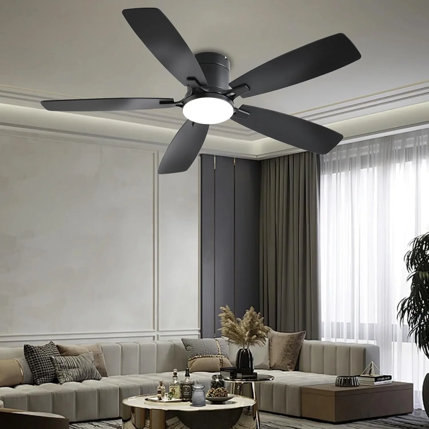 42 Inch Low Profile Ceiling Fans with Lights and Remote, Flush Mount Modern Ceiling Fan, 3 CC T DC Ceiling Fan for Bedroom, Living Room, Brushed Nickel