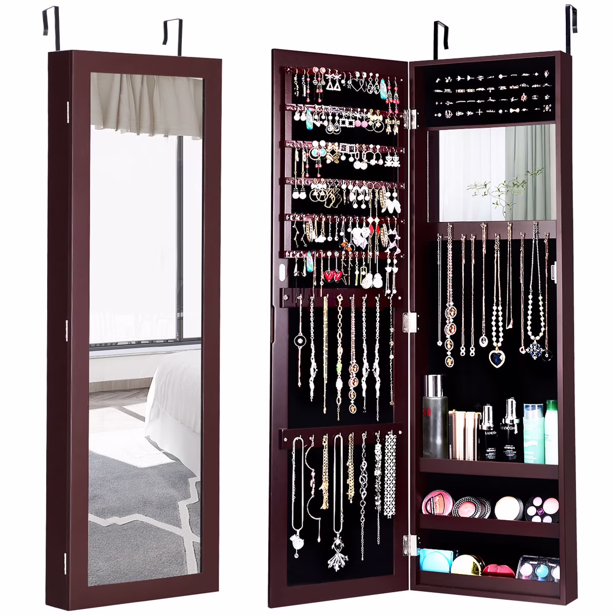 Costway Wall Door Mounted Mirrored Jewelry Cabinet Storage Organizer-Black