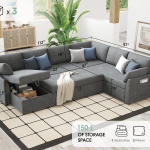 VanAcc Sofa Bed, Sleeper Sofa with Storage Chaise 2 in 1 Pull Out Couch Living Room