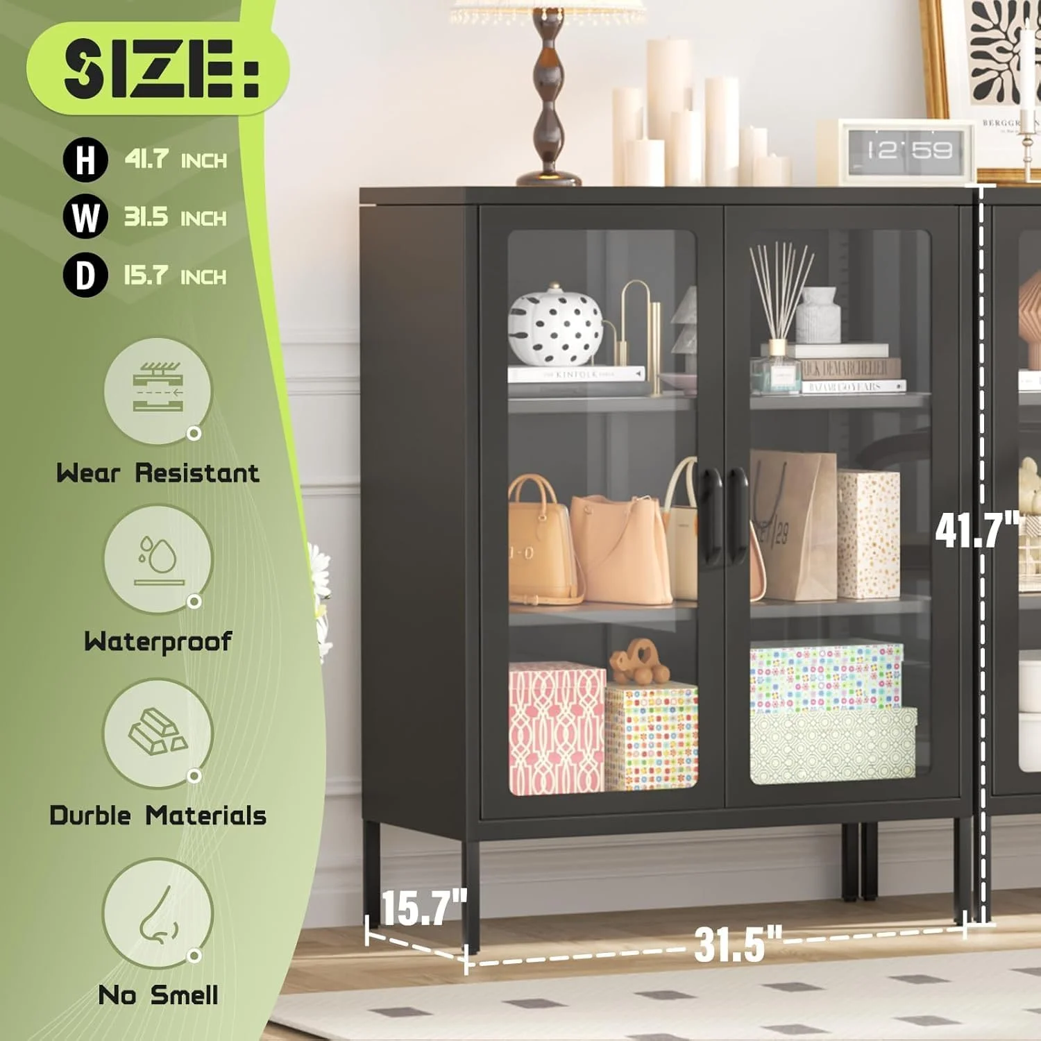 SUNCROWN Metal Storage Cabinet, Curio Display Cabinet with 2 Glass Display Door and 4 Shelves, Side Storage Organize, Modern Bookshelf Cabinet for livingroom, Bedroom, Kitchen, Black